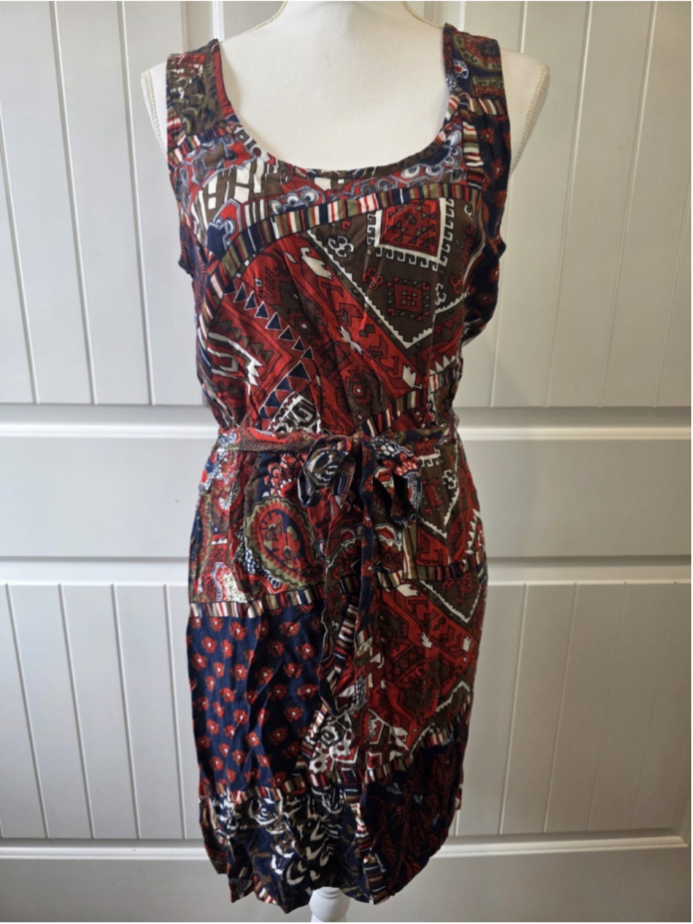 Lucky Brand NWT Patchwork Print Sleeveless Tie Waist Sz M Dress Boho Rayon - Picture 3 of 11